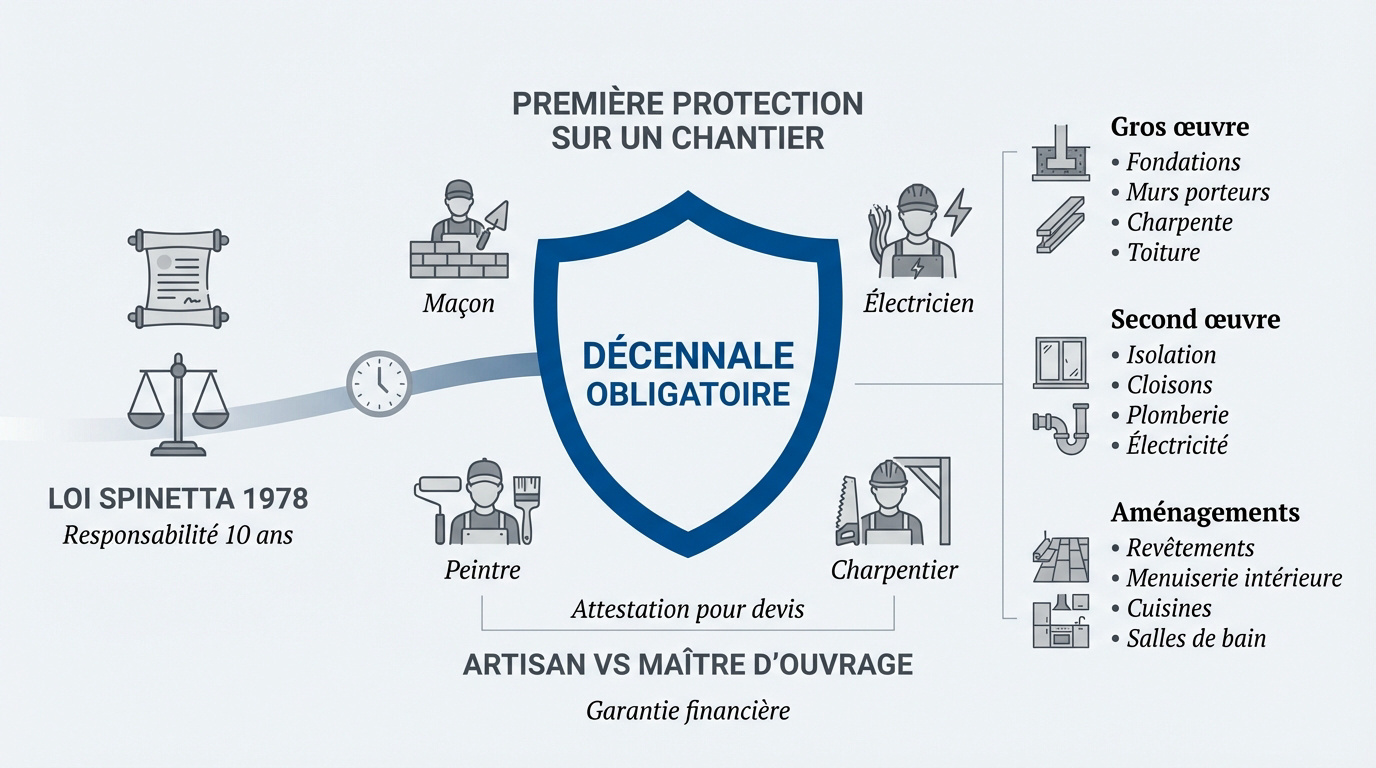 Artisan du bâtiment consultant son attestation d'assurance décennale sur un chantier