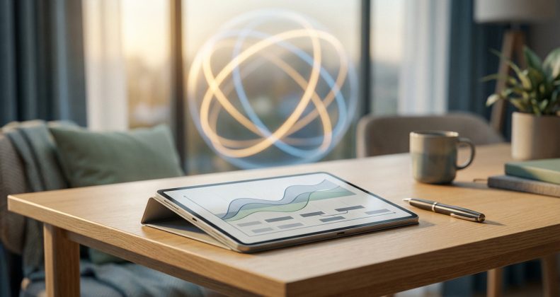 Tablette sur bureau en bois avec graphique financier, stylo, tasse. Symbole de réseau lumineux en arrière-plan, ambiance professionnelle.
