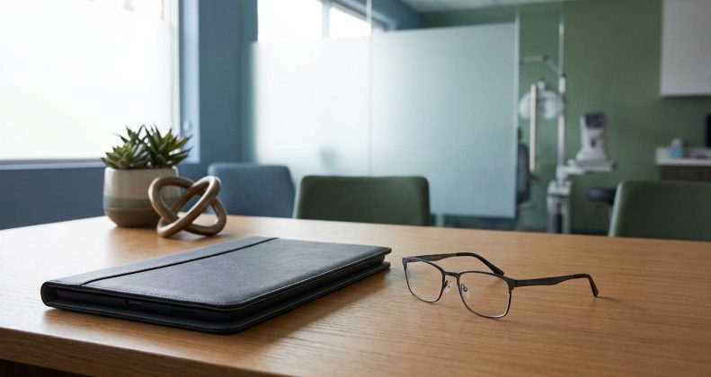 Sur une table en bois, une tablette, des lunettes et une plante. En arrière-plan, une salle d'examen ophtalmologique avec équipement.