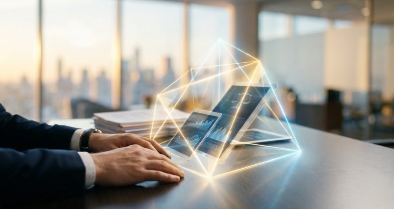 Mains sur bureau. Écrans numériques avec données et balance de justice, encadrés par un réseau lumineux. Bureau moderne, vue ville.