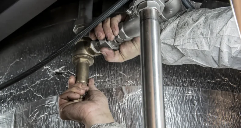 Plombier installant des tuyaux, assurance RC Pro plombier à Rennes