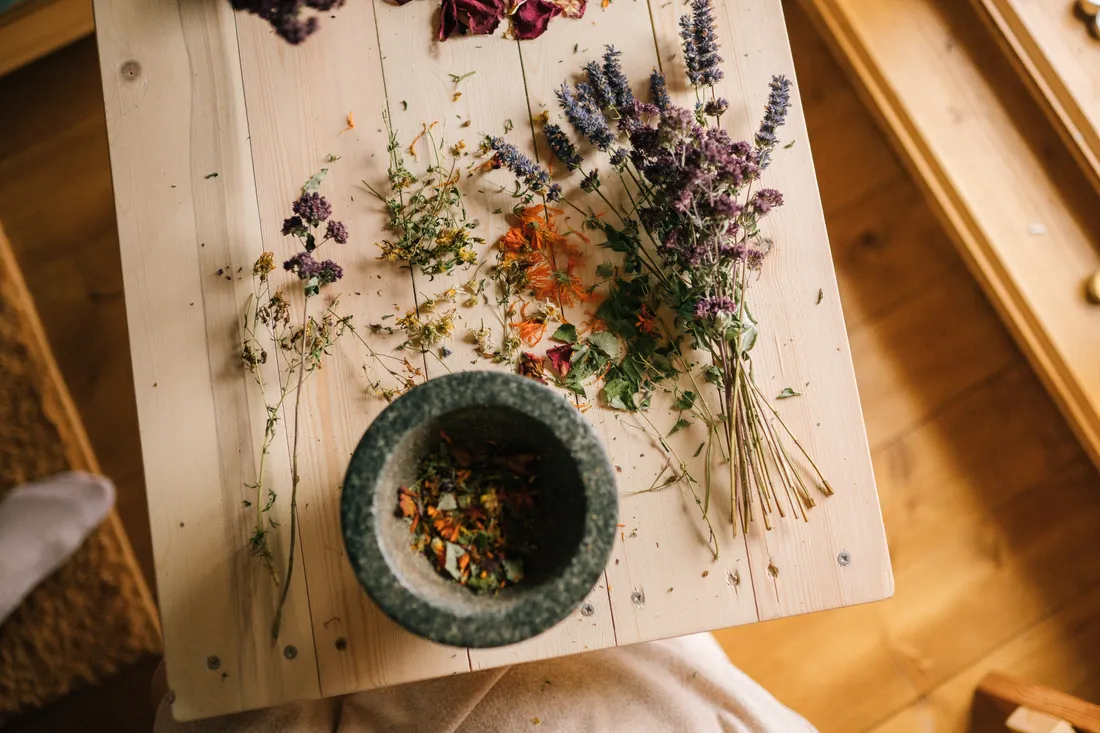 Assurance RC Pro naturopathe : combien ça coûte en 2026 ? 1 Courtier Assurances et Financements Rennes Plantes seches et mortier utilises par un naturopathe pour ses conseils en phytotherapie