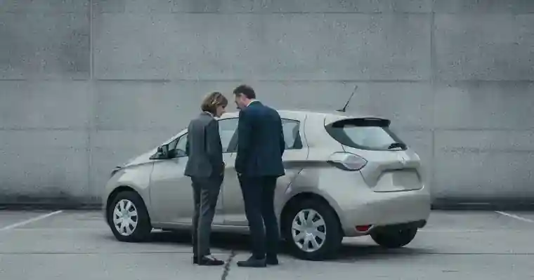 Voiture électrique d'occasion : vérifier l'état de la batterie 1 Courtier Assurances et Financements Rennes Acheteur examinant une voiture électrique d'occasion sur le parking d'un concessionnaire en France