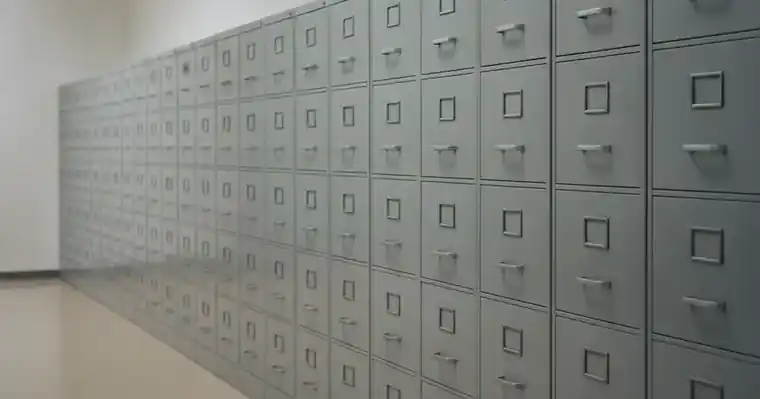 Agrément CNAPS dirigeant : conditions, dossier, délais et recours 1 Courtier Assurances et Financements Rennes Classeurs d'archives administratives alignés dans un couloir de service