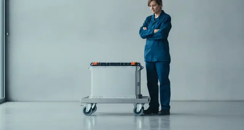 Technicienne d'atelier observant un pack batterie de voiture électrique posé sur un chariot