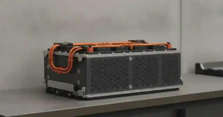 Assurance batterie voiture électrique : ce qui est couvert 1 Courtier Assurances et Financements Rennes Pack batterie de voiture électrique déposé sur un banc d'atelier automobile