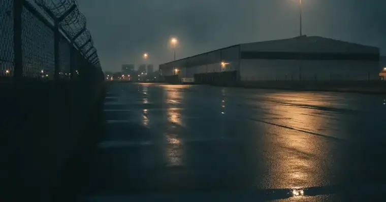 Assurance sécurité privée : toutes les garanties obligatoires et utiles 2 Courtier Assurances et Financements Rennes Site industriel gardé de nuit, clôture et éclairage de sécurité sur l'asphalte