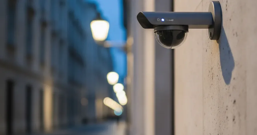Assurance sécurité privée : toutes les garanties obligatoires et utiles 1 Courtier Assurances et Financements Rennes Assurance sécurité privée : caméra de vidéosurveillance installée sur la façade d'un bâtiment surveillé