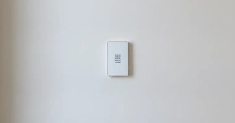 Assurance installateur d'alarme et vidéosurveillance 1 Courtier Assurances et Financements Rennes Centrale d'alarme blanche à clavier fixée sur un mur intérieur clair