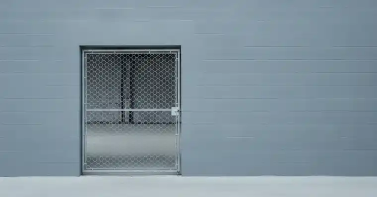Assurance éducateur canin : la garde du chien vous incombe 2 Courtier Assurances et Financements Rennes Porte grillagée fermée d'un enclos vide dans un mur peint uni