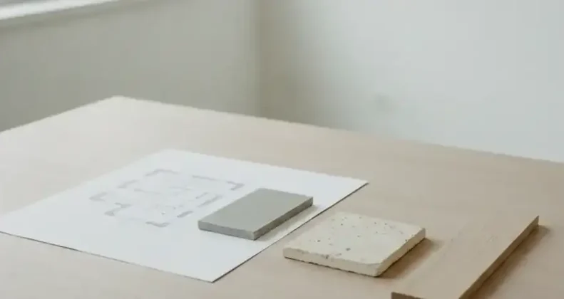 Plan d'aménagement et échantillons de matériaux sur une table de travail