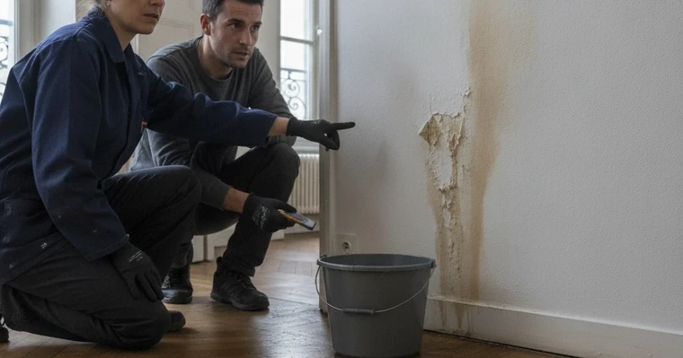 Déclarer un sinistre : délais et erreurs qui coûtent cher 2 Courtier Assurances et Financements Rennes Trace d'infiltration sur un mur et seau posé au sol après un dégât des eaux