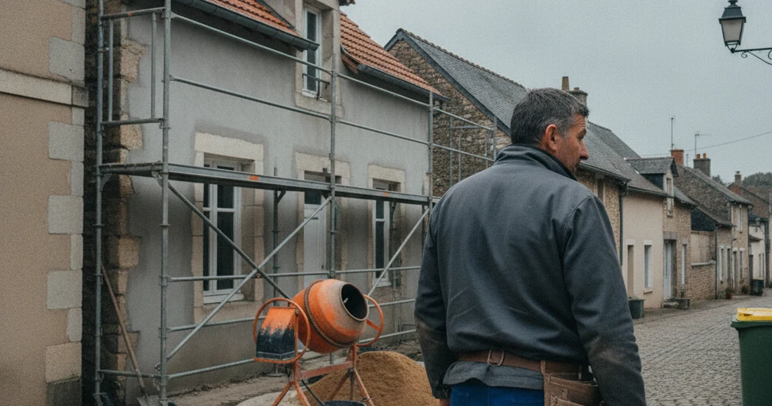 Devis assurance décennale 1 Courtier Assurances et Financements Rennes Artisan devant une maison de bourg en rénovation, échafaudage et bétonnière