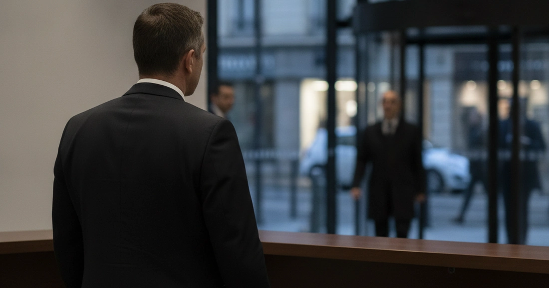 Devis assurance sécurité privée 1 Courtier Assurances et Financements Rennes Agent de sécurité au poste d'accueil d'un immeuble de bureaux à la tombée du jour