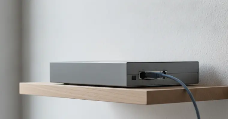 Assurance installateur d'alarme et vidéosurveillance 2 Courtier Assurances et Financements Rennes Enregistreur vidéo réseau gris posé sur une étagère, relié par un câble ethernet
