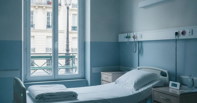 Forfait journalier hospitalier 2026 : ce que la Sécu ne paie pas 2 Courtier Assurances et Financements Rennes Chambre d'hôpital vide, lit fait et fenêtre donnant sur une rue française