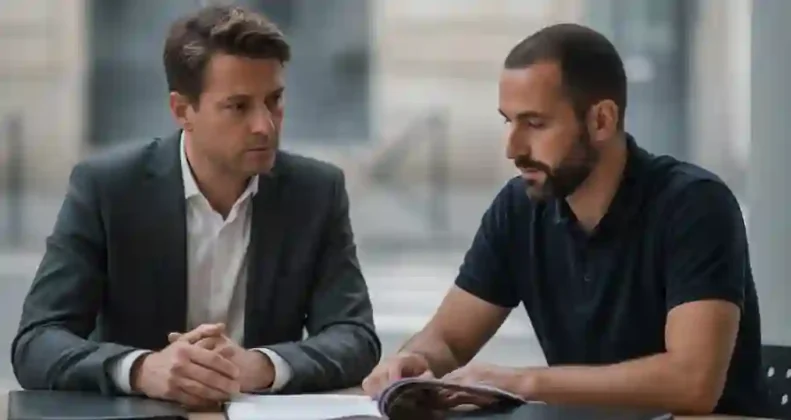 Dirigeant et agent de securite privee revoyant ensemble la couverture sante et prevoyance