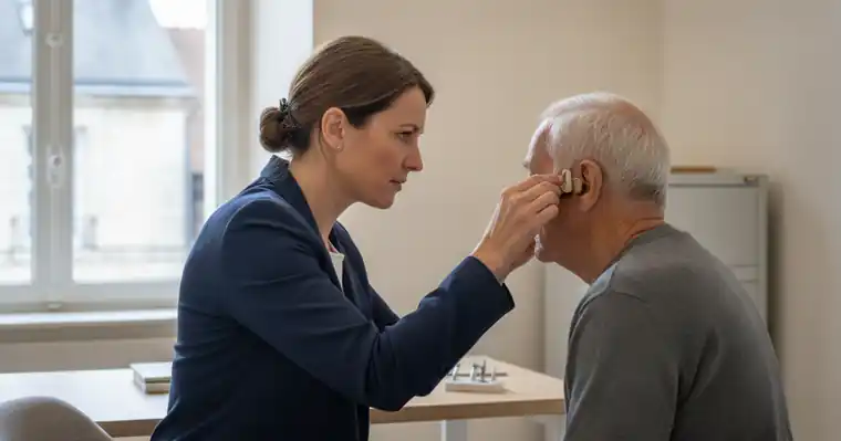 Mutuelle senior et retraité : comment choisir sa complémentaire santé 2 Courtier Assurances et Financements Rennes Pose d'une audioprothèse sur un senior, garantie auditive d'une mutuelle senior