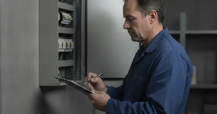 Registre de sécurité incendie : contenu, obligations et assurance 2 Courtier Assurances et Financements Rennes Technicien consignant une vérification périodique dans le registre de sécurité d'un local professionnel
