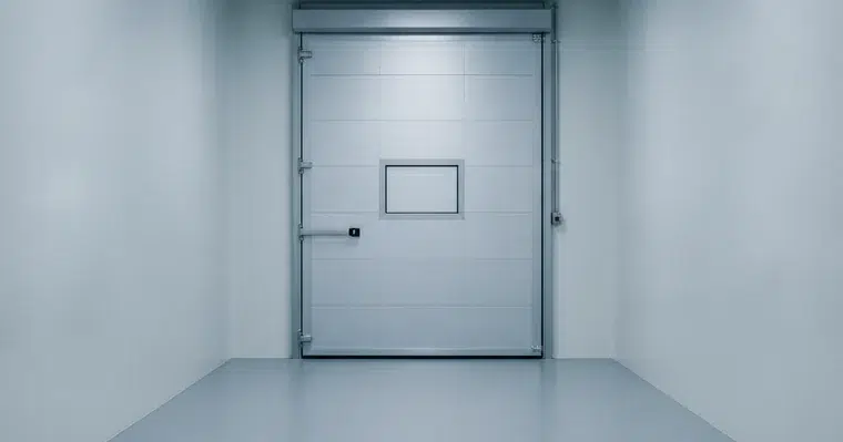 Assurance sécurité privée en Bretagne : le guide local 1 Courtier Assurances et Financements Rennes Porte isotherme fermée d'une chambre froide dans un couloir industriel vide