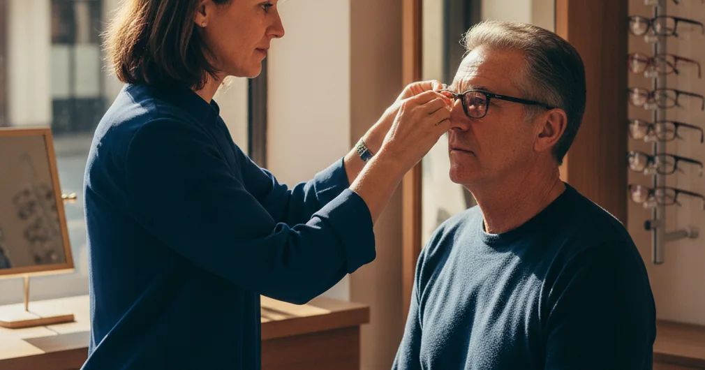 100 % Santé (reste à charge zéro) : ce qui est couvert en 2026 1 Courtier Assurances et Financements Rennes 100 % Santé : opticienne ajustant des lunettes à vue sur le visage d’un client