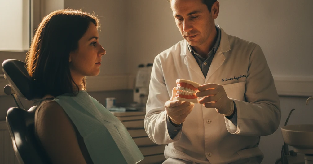 100 % Santé (reste à charge zéro) : ce qui est couvert en 2026 2 Courtier Assurances et Financements Rennes 100 % Santé : dentiste présentant une prothèse dentaire à une patiente
