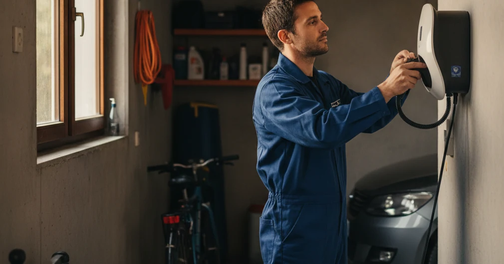 Assurance borne de recharge : installateur IRVE et particulier 1 Courtier Assurances et Financements Rennes Assurance borne de recharge : électricien installant une borne de recharge murale dans un garage