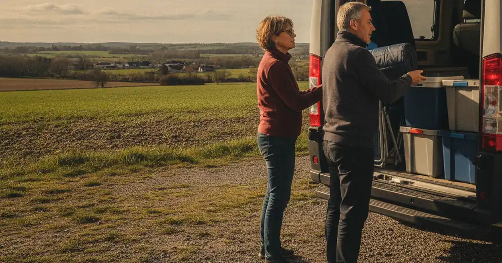 Camping-car : bien choisir son assurance avant le départ 1 Courtier Assurances et Financements Rennes Assurance camping-car : couple rangeant ses affaires dans la soute d’un camping-car