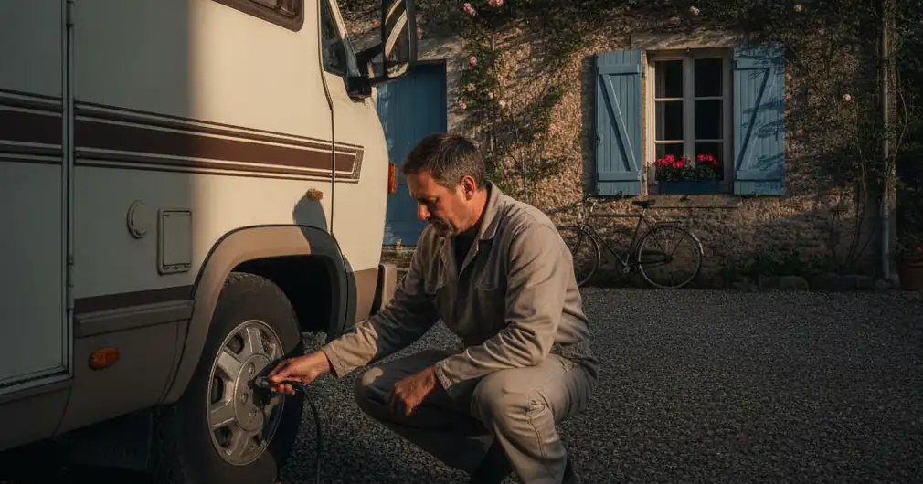 Camping-car : bien choisir son assurance avant le départ 4 Courtier Assurances et Financements Rennes Assurance camping-car : propriétaire vérifiant la pression des pneus de son camping-car
