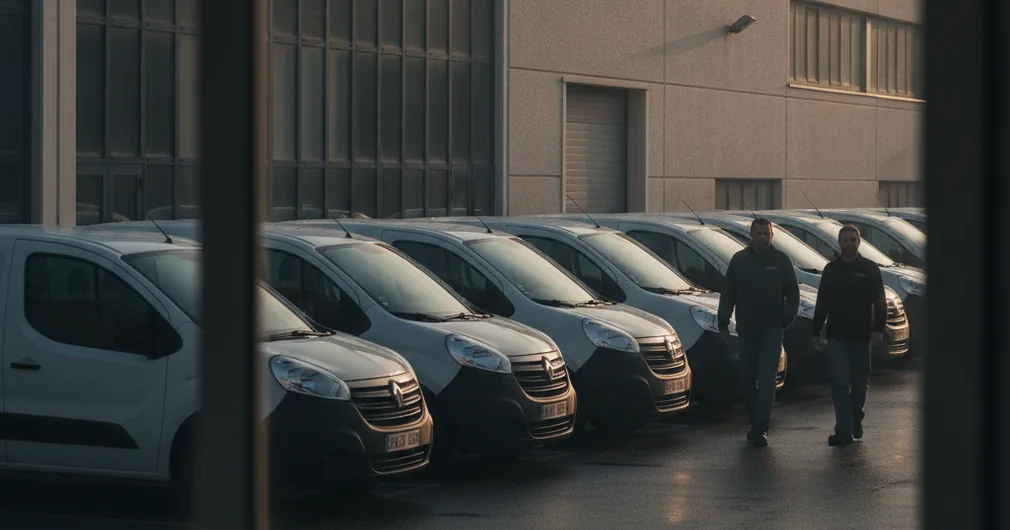 Flotte automobile : bien assurer les véhicules de l'entreprise 1 Courtier Assurances et Financements Rennes Assurance flotte automobile : utilitaires d’entreprise alignés sur un parking au petit matin