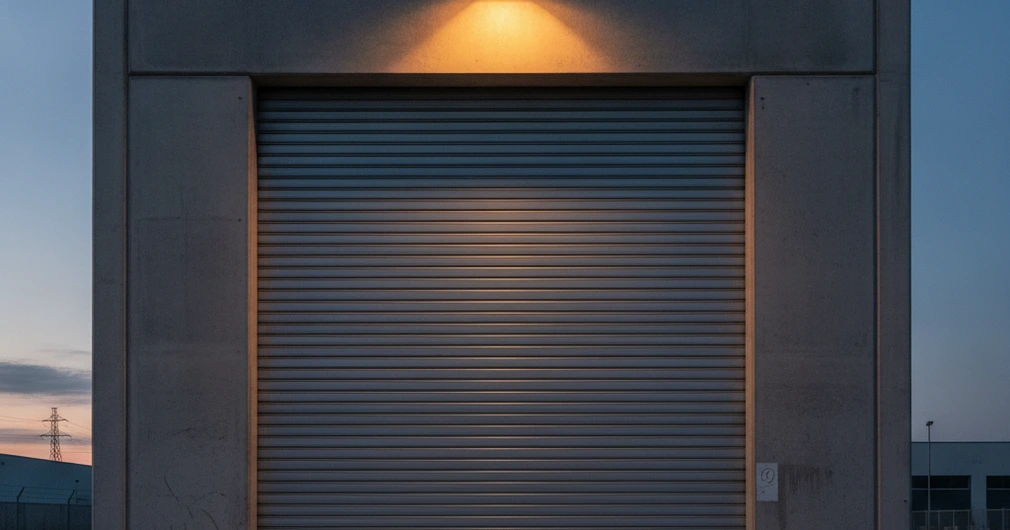Assurance société de gardiennage : couvrir le client et les agents 1 Courtier Assurances et Financements Rennes Assurance société de gardiennage : rideau métallique fermé d'un entrepôt logistique surveillé au crépuscule