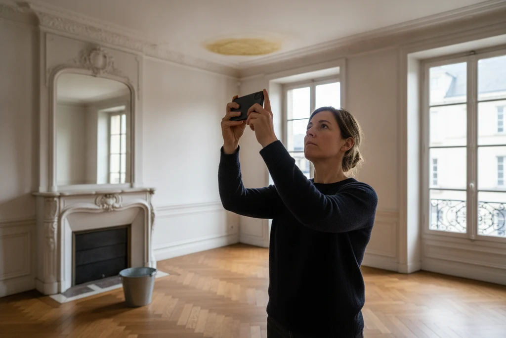 Assurance habitation à Rennes : obligations, garanties et prix 2026 2 Courtier Assurances et Financements Rennes Assurance habitation Rennes : locataire photographiant une auréole de dégât des eaux au plafond d'un appartement ancien du centre