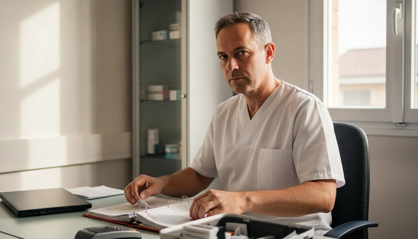 Assurance infirmière libérale : RC Pro obligatoire, garanties et prix 2026 1 Courtier Assurances et Financements Rennes Assurance infirmière libérale : infirmier libéral classant ses ordonnances dans son cabinet, lecteur de carte Vitale et ordinateur sur le bureau