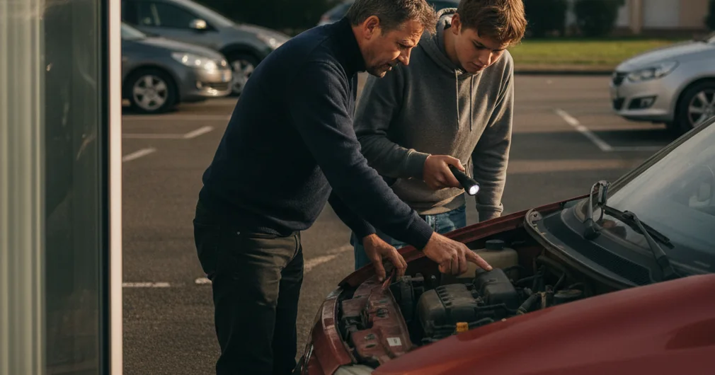 Assurance jeune conducteur : payer moins cher en 2026 2 Courtier Assurances et Financements Rennes Assurance jeune conducteur : père et fils adolescent examinant une voiture d’occasion