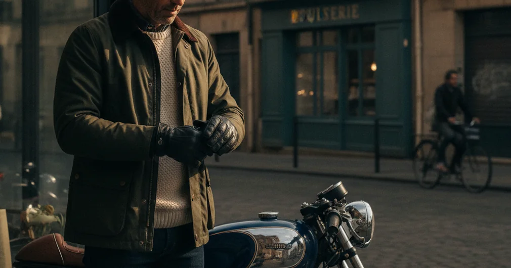 Assurance moto : garanties et prix pour bien choisir en 2026 1 Courtier Assurances et Financements Rennes Assurance moto : motard enfilant ses gants à côté de sa moto garée dans une rue