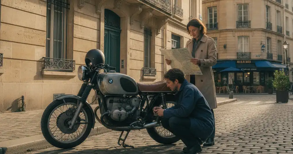 Assurance moto : garanties et prix pour bien choisir en 2026 2 Courtier Assurances et Financements Rennes Assurance moto : moto de route stationnée devant un immeuble, casque posé sur la selle