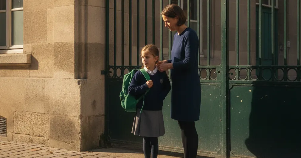 Assurance scolaire : est-elle obligatoire en 2026 ? 1 Courtier Assurances et Financements Rennes Assurance scolaire : mère ajustant le cartable de sa fille devant une école primaire