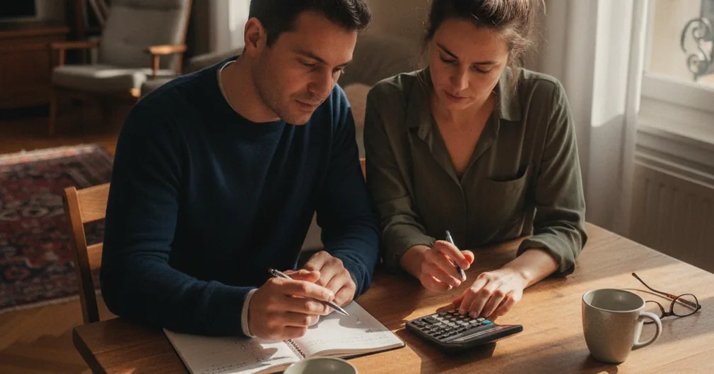 Capacité d'emprunt : comment la calculer en 2026 ? 1 Courtier Assurances et Financements Rennes Capacité d’emprunt : couple calculant sa mensualité sur un carnet et une calculatrice