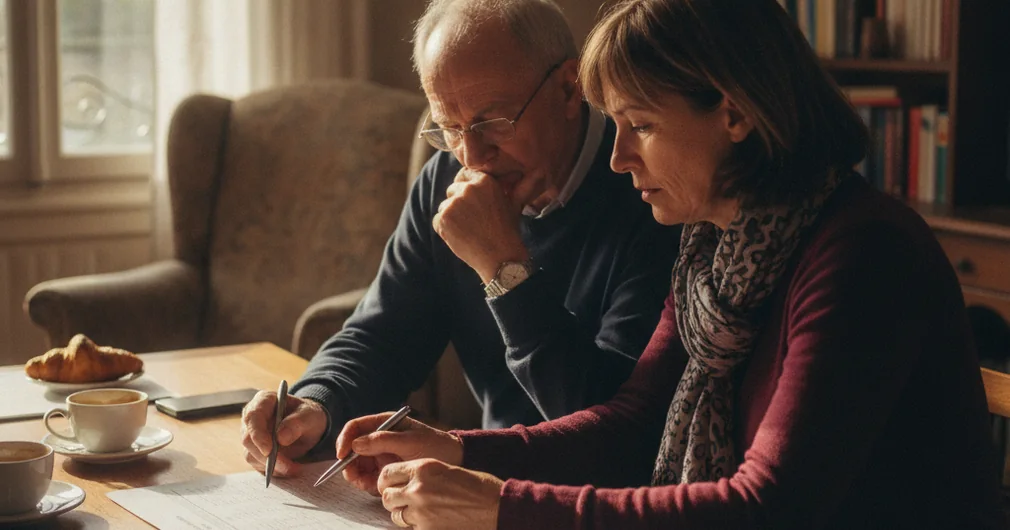 Coût de l'assurance emprunteur : calcul et simulation 2026 1 Courtier Assurances et Financements Rennes Coût assurance emprunteur : couple examinant un tableau d’amortissement de crédit immobilier