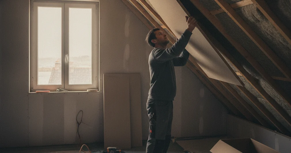 Éco-PTZ 2026 : financer vos travaux de rénovation à taux zéro 1 Courtier Assurances et Financements Rennes Éco-PTZ : artisan posant un isolant dans des combles en rénovation