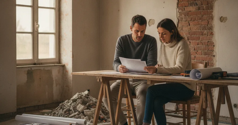 Éco-PTZ 2026 : financer vos travaux de rénovation à taux zéro 2 Courtier Assurances et Financements Rennes Éco-PTZ : couple examinant des devis de travaux dans une pièce en chantier
