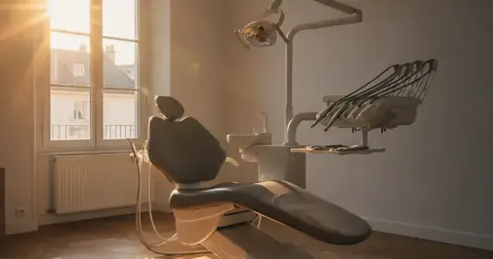 Prévoyance chirurgien-dentiste : 113,22 € par jour, et seulement au 91e jour 1 Courtier Assurances et Financements Rennes Fauteuil dentaire inoccupé dans un cabinet français pendant l'arrêt du praticien