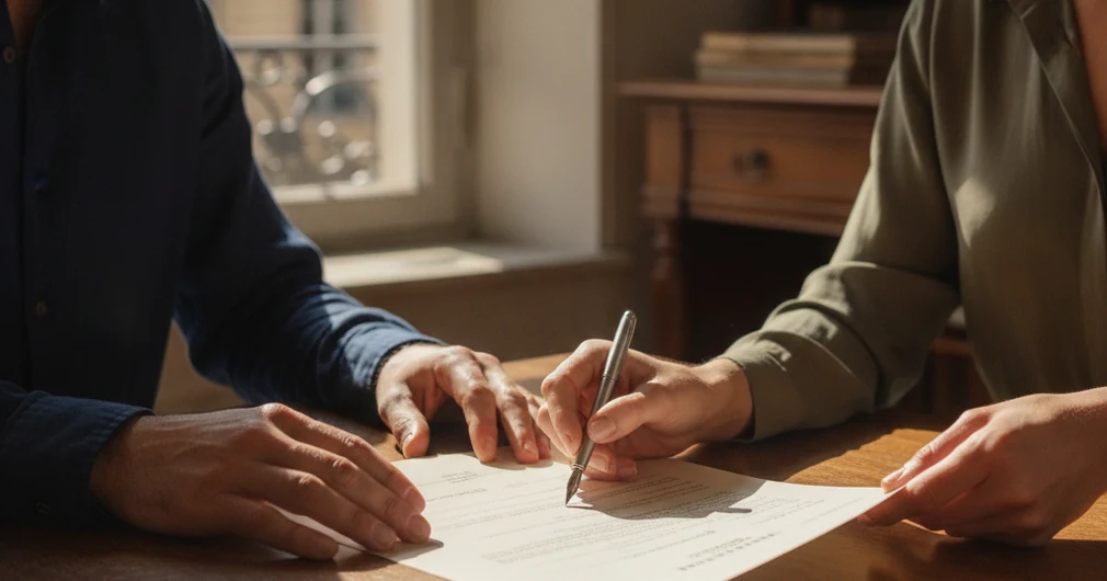 Frais de notaire 2026 : calcul, montant et réduction 2 Courtier Assurances et Financements Rennes Frais de notaire : stylo posé sur un acte de vente, clés du logement à côté