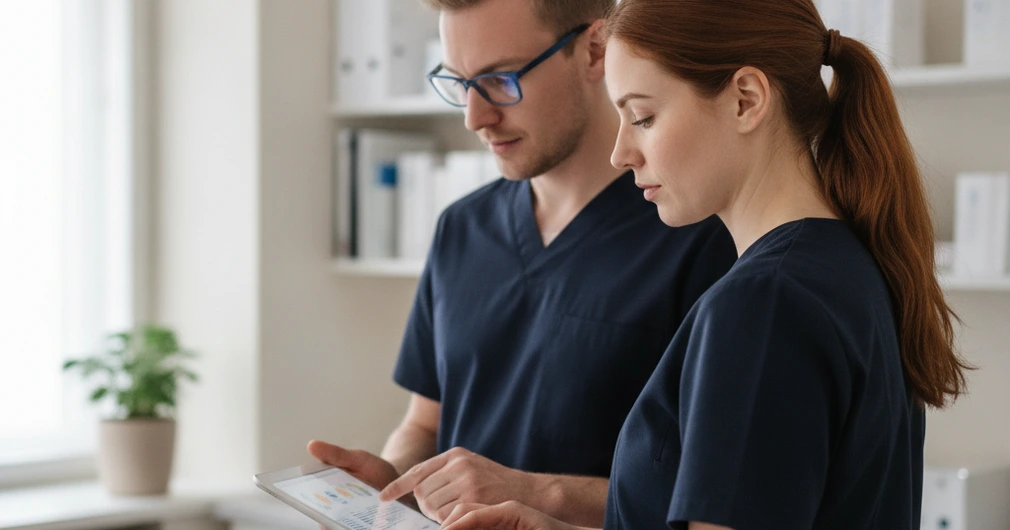 Protection sociale des professionnels de santé libéraux 2 Courtier Assurances et Financements Rennes Deux associés d'un cabinet médical examinant leur contrat de prévoyance
