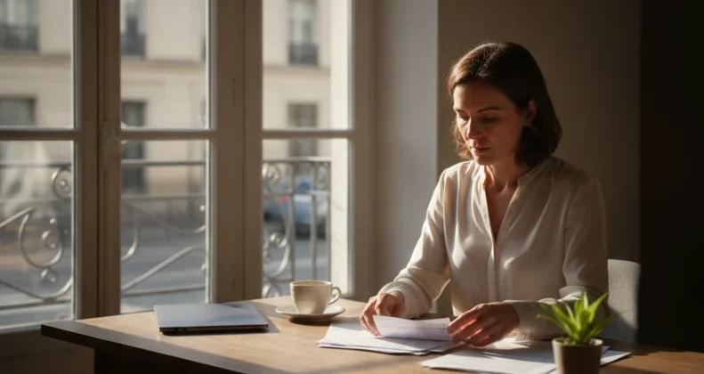 Independante examinant ses documents de complementaire sante a son bureau