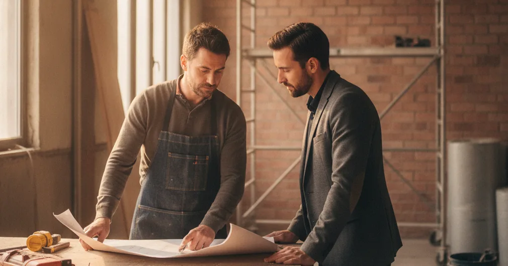 Multirisque professionnelle ou RC Pro : que choisir ? 2 Courtier Assurances et Financements Rennes Multirisque professionnelle ou RC Pro : artisan discutant avec un client dans un local en travaux