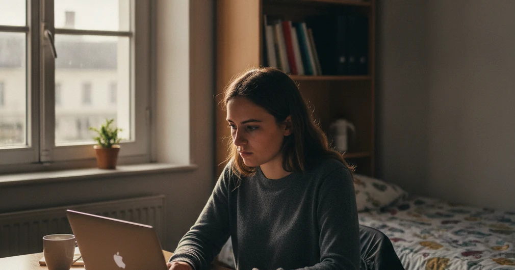 Mutuelle étudiant : quelle couverture pour la rentrée 2026 ? 1 Courtier Assurances et Financements Rennes Mutuelle étudiant : étudiante travaillant dans sa chambre de résidence universitaire