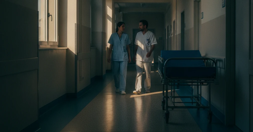 Forfait journalier hospitalier 2026 : ce que la Sécu ne paie pas 1 Courtier Assurances et Financements Rennes Forfait journalier hospitalier : couloir d’hôpital avec un brancard vide le long du mur