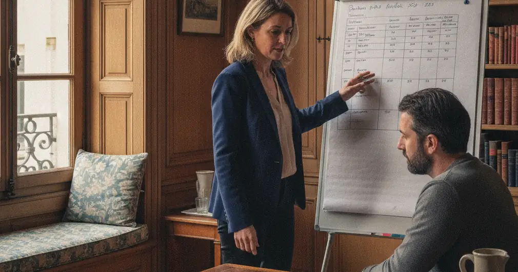 PER ou assurance vie : lequel choisir en 2026 ? 3 Courtier Assurances et Financements Rennes PER ou assurance vie : conseillère en gestion de patrimoine commentant un tableau chiffré