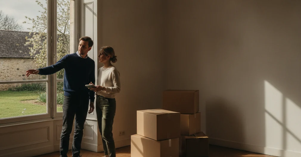 Prêt relais : acheter avant d'avoir vendu en 2026 1 Courtier Assurances et Financements Rennes Prêt relais : couple visitant une maison vide, cartons empilés dans un coin